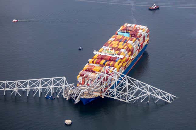 Cargo ship Dali is seen after running into and collapsing the Francis Scott Key Bridge on March 26, 2024 in Baltimore, Maryland. 