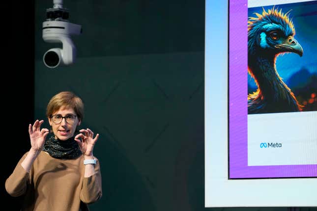 FILE - Joelle Pineau, Vice President AI Research, speaks at the at the Meta AI Day in London on April 9, 2024. Meta, Google and OpenAI, along with leading startups, are churning out new AI language models and trying to persuade customers that they&#39;ve got the smartest or fastest or cheapest chatbot technology. (AP Photo/Kirsty Wigglesworth, File)