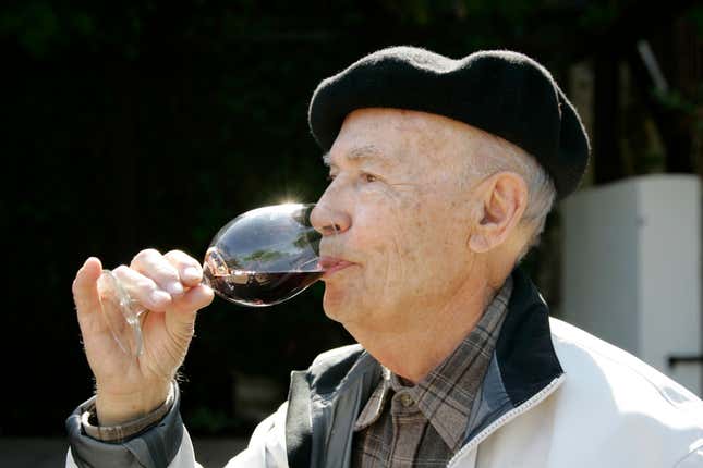 FILE - Winemaker Mike Grgich sips a glass of his Cabernet Sauvignon wine at the Grgich Hills Estate winery in Rutherford, Calif., on Sept. 15, 2008. Grgich, a celebrated winemaker who helped establish Napa Valley as one of the world’s premier wine-making regions, has died. He was 100. (AP Photo/Eric Risberg, File)