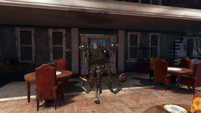 A Fallout robot hovers in the center of an abandoned school.