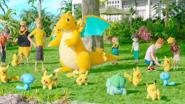 A group of Pikachu is gathered at the resort alongside other attendees.