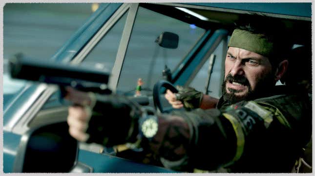 A man points a pistol out of a car window.