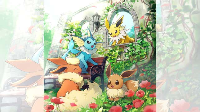 Uma arte de jogo do Eevee, com Jolteon, Vaporeon e Flareon.