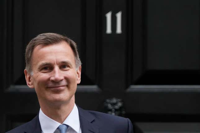 FILE - Britain&#39;s Chancellor of the Exchequer Jeremy Hunt poses for the media as he leaves 11 Downing Street for the House of Commons to deliver the Budget In London, Wednesday, March 15, 2023. U.K. Treasury chief Jeremy Hunt says the government can afford to lower some taxes now that inflation is falling, but that any cuts will come along with a squeeze on welfare benefits. (AP Photo/Frank Augstein, File)