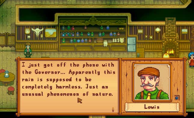 A conversation with Lewis in Stardew Valley about green rain not being harmful