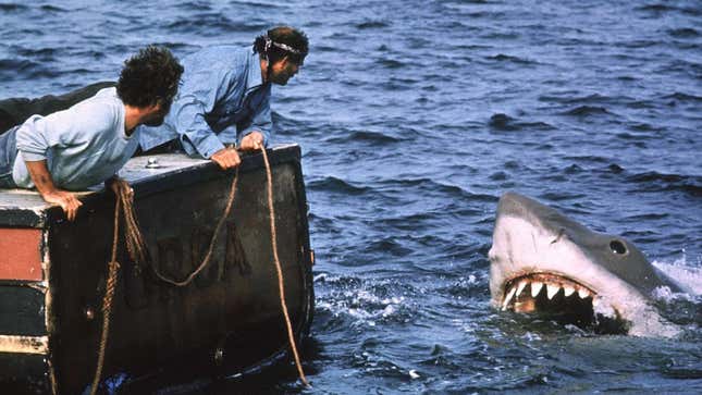two men looking at jaws from the boat