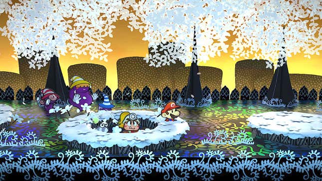Mario and many other characters are in a colorful forest.