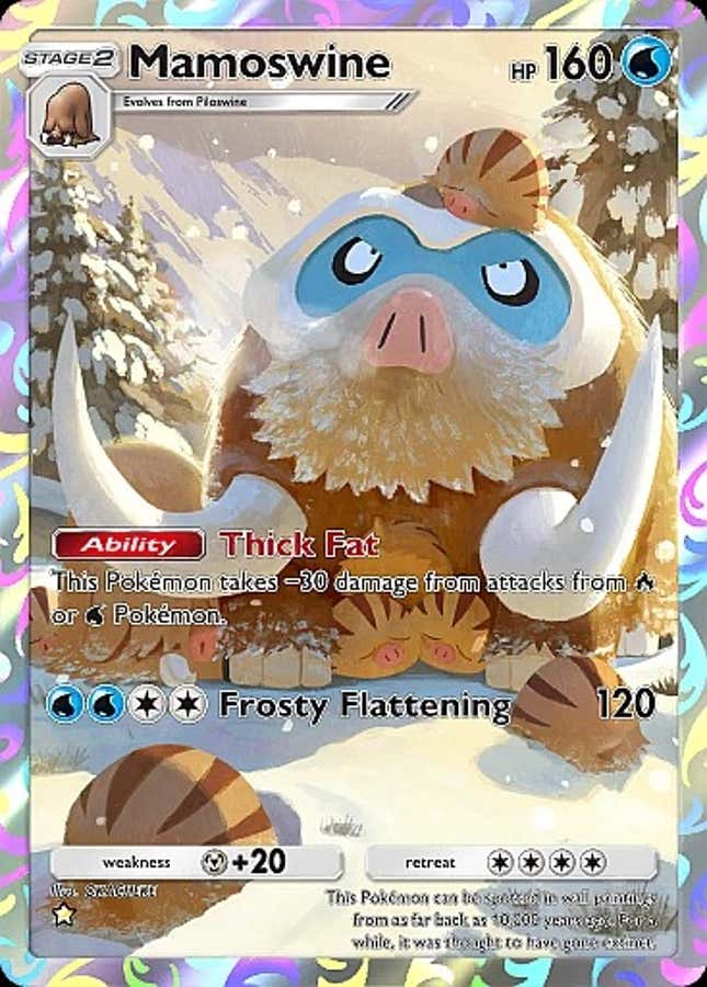 A Mamoswine is shown cuddling up with Swinub and Piloswine in a snowy forest.