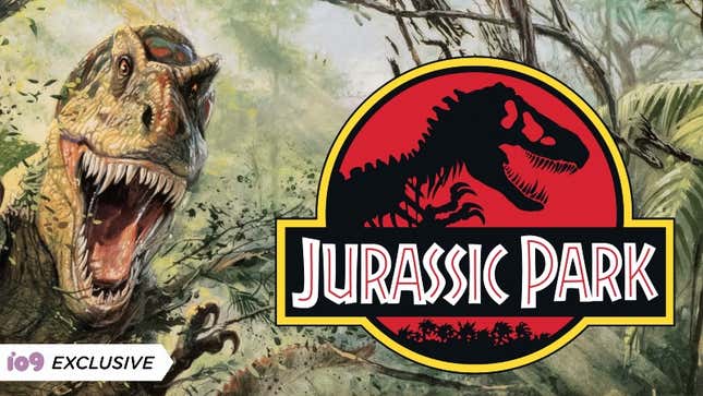 A T-Rex menaces the Jurassic Park logo in a crop of the cover of a new book on the blockbuster dinosaur franchise.