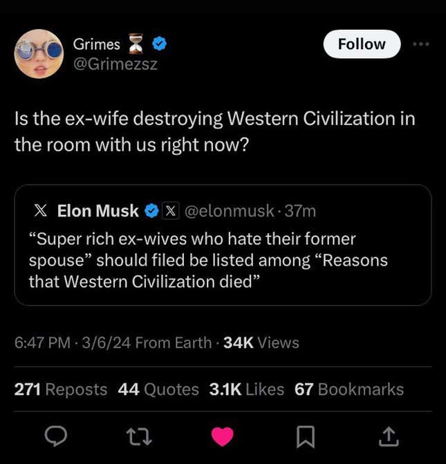 The fake tweet from Grimes (top) over a very real tweet from Elon Musk.