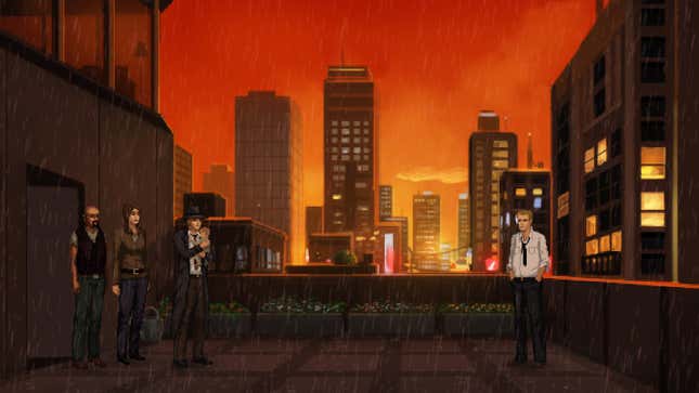 Characters stand on a New York City rooftop during a sunset.