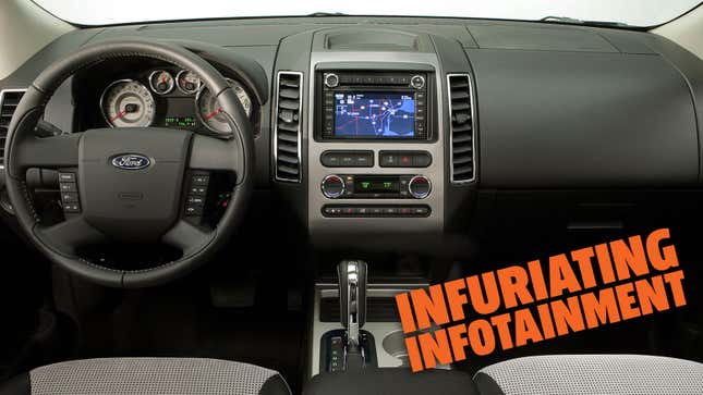 A photo of the interior of a Ford Edge with the caption "Infuriating Infotainment" 