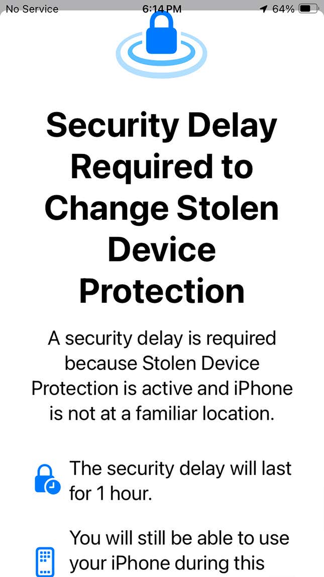 This screenshot shows the security delay feature on Apple&#39;s stolen device protection update for iPhones. The delay is triggered by attempts to change critical settings when the user is away from familiar locations. The update makes it a lot harder for phone thieves to access key functions and settings. (AP Photo)