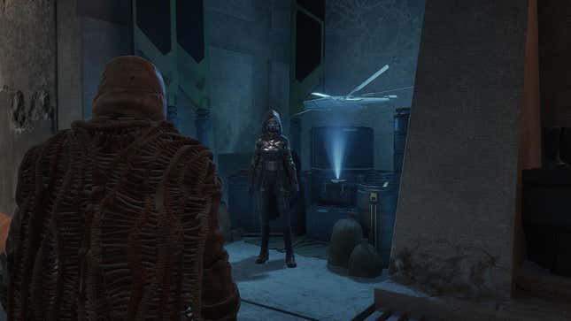 The fast travel pilot at a trade post in Dune Awakening.