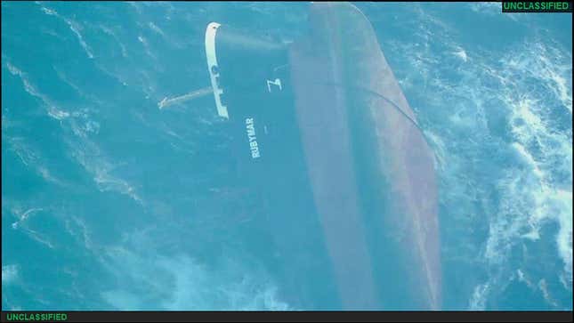 This undated photo released Sunday, March 3, 2024, by the U.S. military&#39;s Central Command shows the Belize-flagged vessel Rubymar sinking in the Red Sea. The Rubymar, earlier attacked by Yemen&#39;s Houthi rebels, has sunk in the Red Sea after days of taking on water, officials said Saturday, March 2, 2024, the first vessel to be fully destroyed as part of their campaign over Israel&#39;s war against Hamas in the Gaza Strip. (U.S. military&#39;s Central Command via AP)