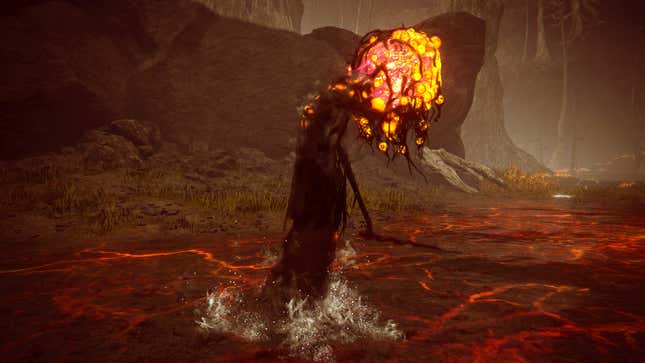 An enemy wanders across lava.