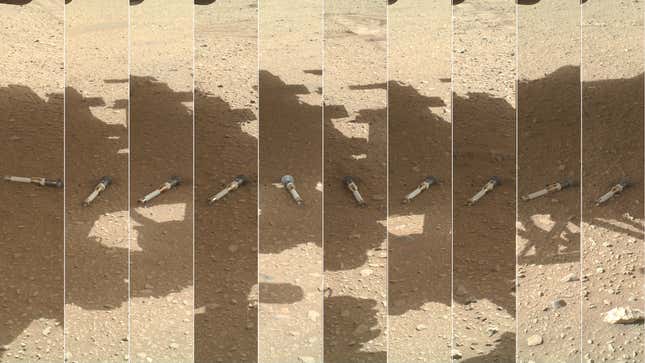 A photomontage of Perseverance samples deposited on the Martian surface.