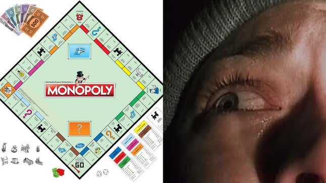 Monopoly game board and pieces; a scene from The Blair Witch Project (1999)