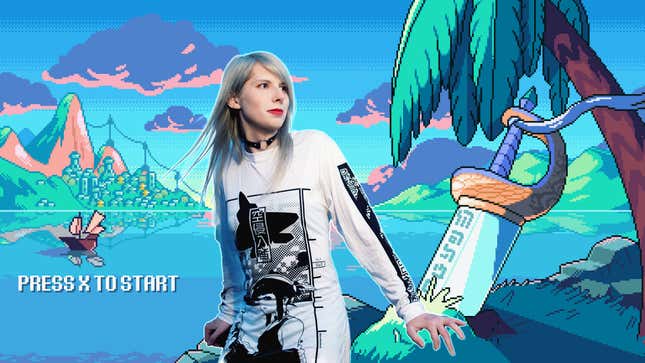 Christine Love stands superimposed in front of her game's start screen which has pixel art of boat cruising on a lake and a sword at the bed of a palm tree. 