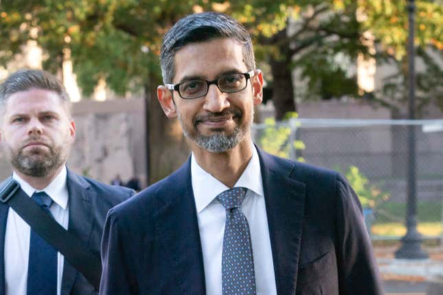 Google and Alphabet Inc. CEO Sundar Pichai arrives at the federal courthouse in Washington, Monday, Oct. 30, 2023. (AP Photo/Jose Luis Magana)