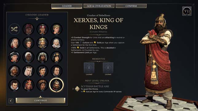 The leader select screen for Xerxes in Civilization VII.