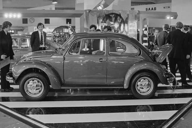 Image of a Volkswagen Beetle at a motor show in the U.K. in 1972.