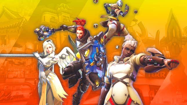 A collection of Overwatch heroes stand against a colorful collage of some of its maps. 