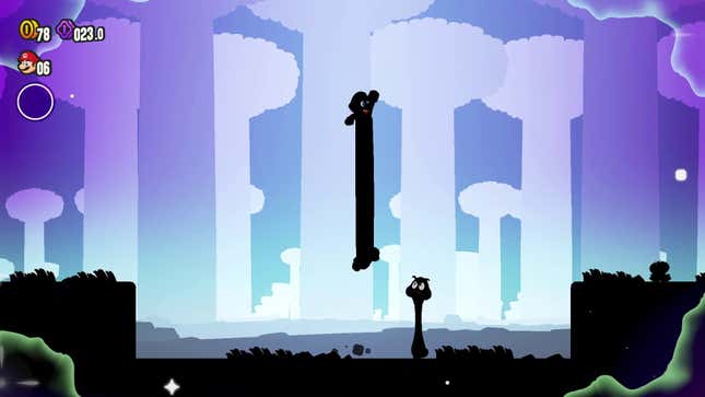 A screenshot shows a silhouetted and very tall Mario jumping over a Goomba. 