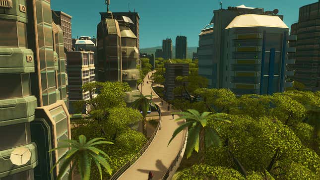 People stroll down an elevated walkway in Cities: Skylines.