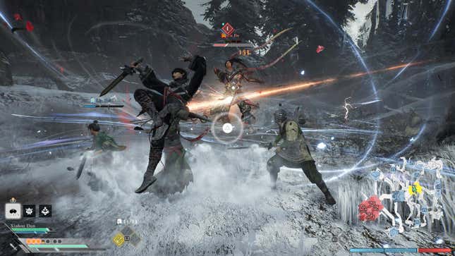 A screenshot of Dynasty Warriors: Origins. The protagonist is attacking a warrior in a snowy battleground. He is in the air spinning around with his sword.