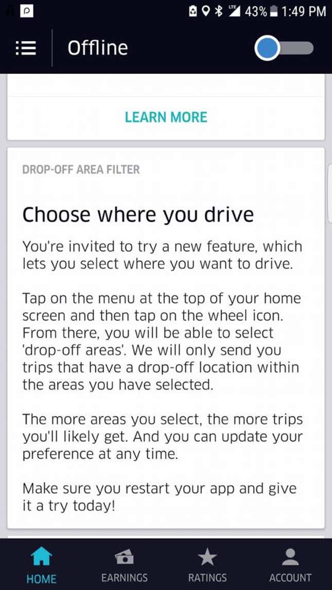 Uber’s new “drop-off area filter.”