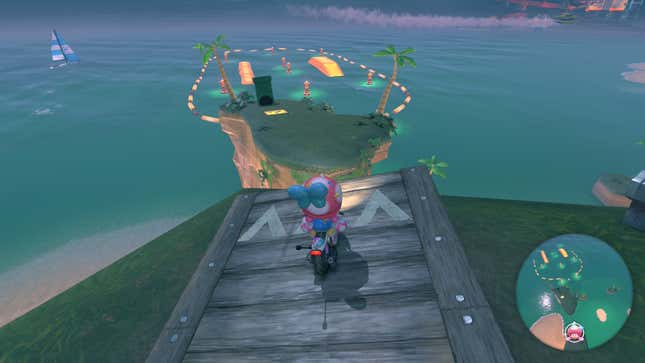 A player character looks at an island at the end of a jump platform.