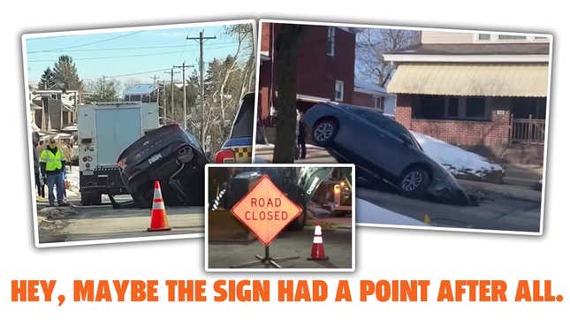 Driver Goes Around Road Closed Sign Drives Into Hole