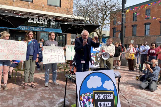 FILE - U.S. Sen. Bernie Sanders, an independent from Vermont, speaks at a news conference, April 28, 2023, outside a Ben &amp; Jerry&#39;s shop in downtown Burlington, Vt., where workers are seeking to unionize. Ben &amp; Jerry’s has reached its first contract agreement with workers at the retail shop Burlington where it was founded after the employees petitioned to unionize last year, Scoopers United and the brand announced Thursday, Jan. 18, 2024. (AP Photo/Lisa Rathke, File)