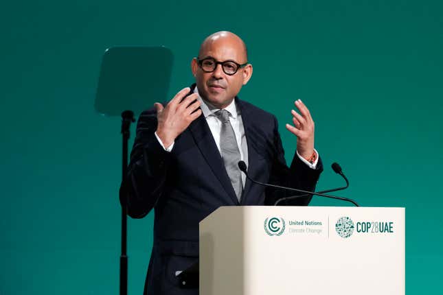 FILE - United Nations Climate Chief Simon Stiell speaks during a plenary session at the COP28 U.N. Climate Summit, Dec. 1, 2023, in Dubai, United Arab Emirates. Stiell says humanity has only two years left “to save the world” by making dramatic changes in the way it spews heat-trapping emissions and it has even less time to act to get the finances behind such a massive shift. (AP Photo/Peter Dejong, File)