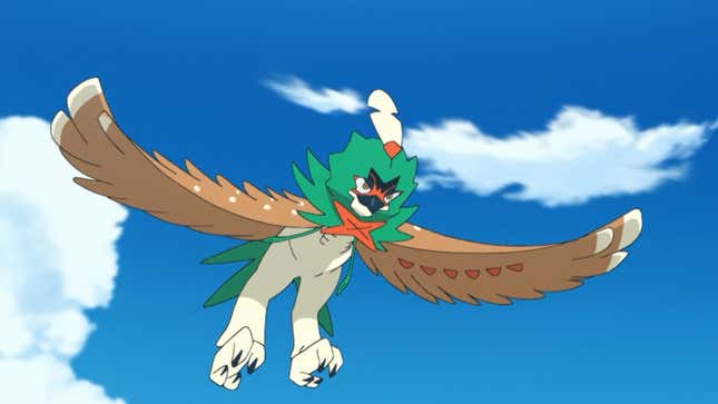 Decidueye flies in the air with a blue sky above them.