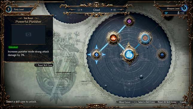 A screenshot of Final Fantasy VII Rebirth's menu shows a skill tree.