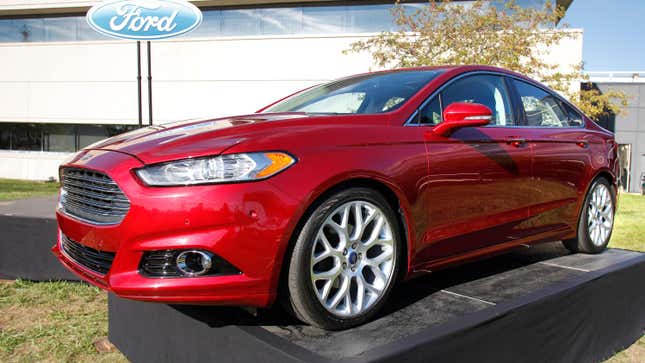 A 2013 Ford Fusion is displayed t an event that celebrates the opening of the new U.S. production line where the 2013 Ford Fusion midsize sedan will be made at the Flat Rock Assembly Plant September 10, 2012 in Flat Rock, Michigan.