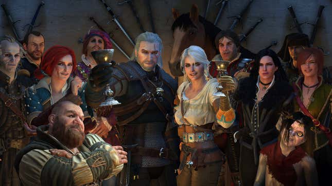 A host of The Witcher characters, including Geralt (middle) and Ciri (middle), celebrating with drinks and smiles.