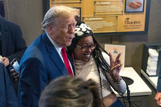 ATLANTA, GEORGIA - APRIL 10: Former U.S. President Donald Trump meets with people during a visit to a Chick-fil-A restaurant on April 10, 2024 in Atlanta, Georgia. Trump is visiting Atlanta for a campaign fundraising event he is hosting. 