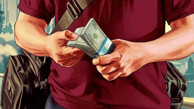 GTA V's Michael De Santa holds a wad of cash. 