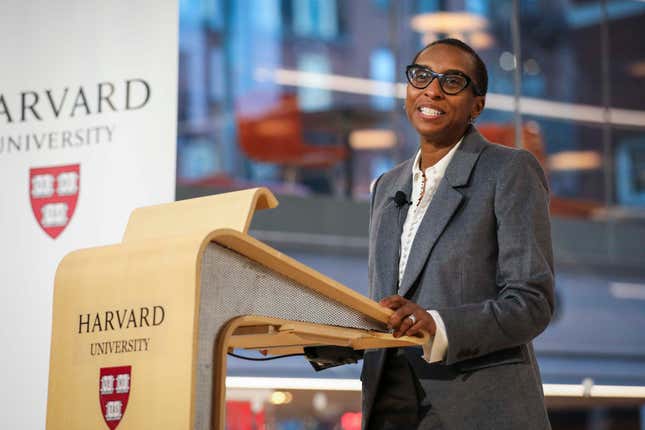 Cambridge, MA - December 15: Claudine Gay speaks to the crowd after being named Harvard Universitys next president. Harvard University on Thursday named Gay as its next president in a historic move that will give the nations oldest college its first Black leader. 