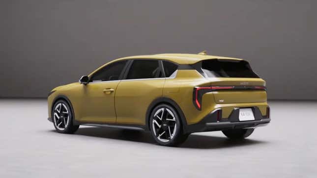 A screenshot from the press conference announcing the new K4, showing a yellow K4 hatchback from the rear 3/4 angle
