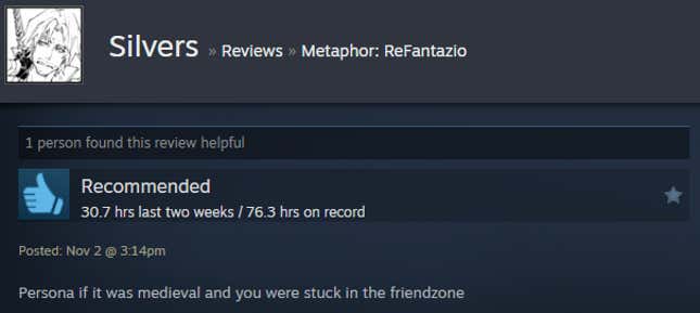 A screenshot shows a Steam review for Metaphor: ReFantazio.