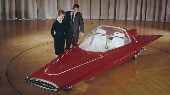 Der Ford Gyron, ein zweirädriges, gyroskopisch stabilisiertes Konzeptauto, entworfen von Alex Tremulis und Syd Mead, USA, um 1961. Ein Showcar aus Fiberglas wurde 1961 auf der Detroit Motor Show ausgestellt.