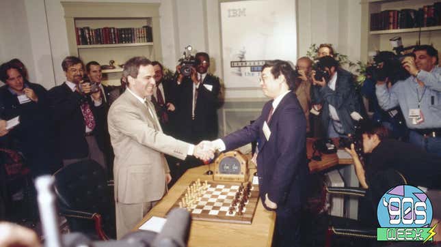 Garry Kasparov shakes hands with Feng-Hsuing Hsu at game 1 of 1997 Deep  Blue vs. Kasparov re-match in New York City, New York, Mastering the Game