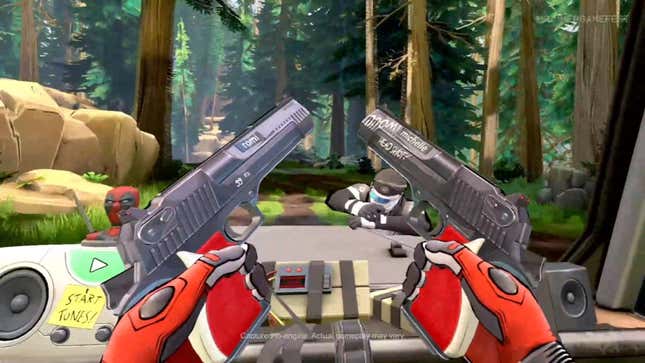 Deadpool looks at his pistols.