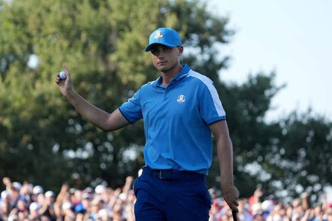 Sep 29, 2023; Rome, ITA; Team Europe golfer Ludvig Aberg celebrates after making his putt on the ninth green during day one foursomes round for the 44th Ryder Cup golf competition at Marco Simone Golf and Country Club.