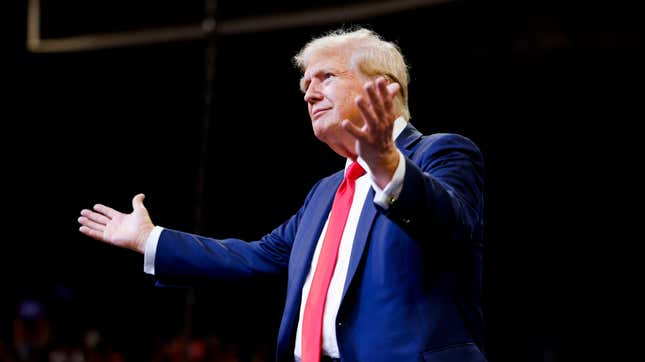 Republican presidential nominee, former U.S. President Donald Trump walks toward the stage to speak at a rally at the Brick Breeden Fieldhouse at Montana State University on August 9, 2024 in Bozeman, Montana.