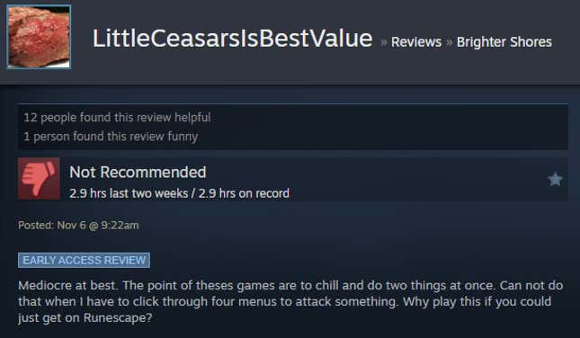 A screenshot shows a Steam user review of Brighter Shores.